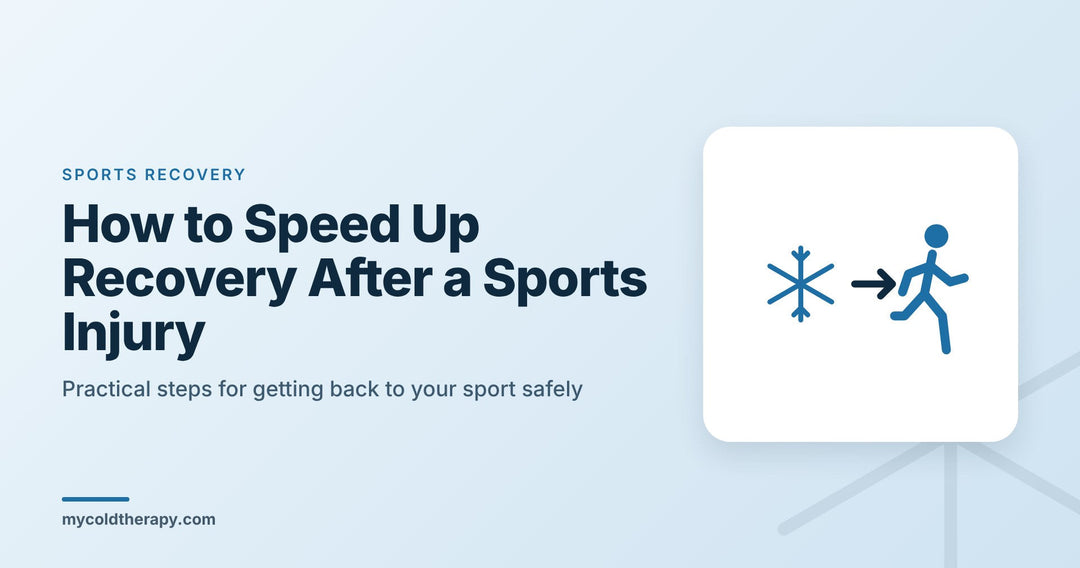 Recovering after a sports injury: snowflake with an arrow to an athlete running, from My Cold Therapy