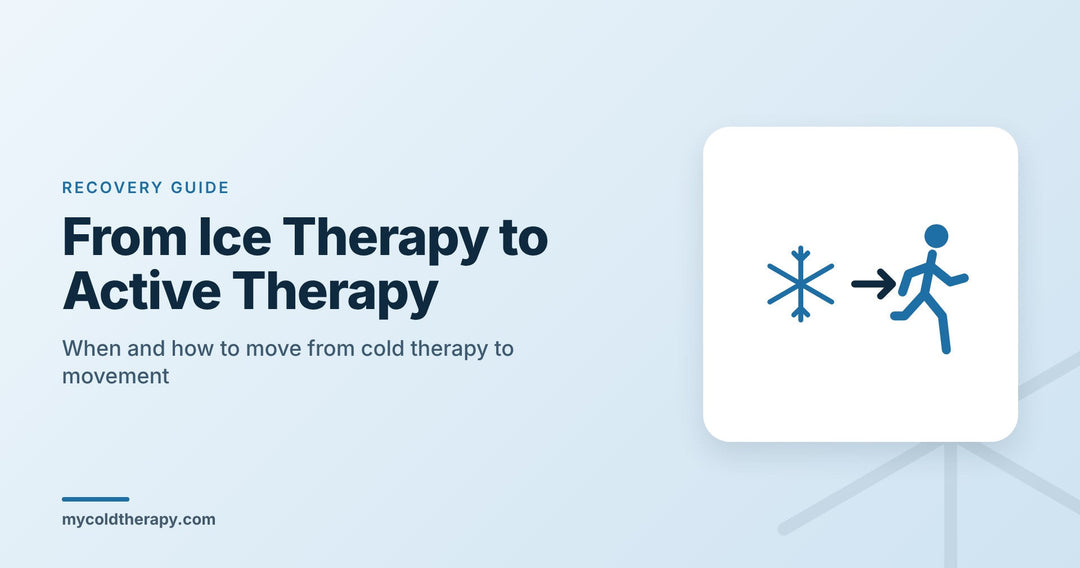 Moving from ice therapy to active therapy: snowflake with an arrow to a person walking, from My Cold Therapy