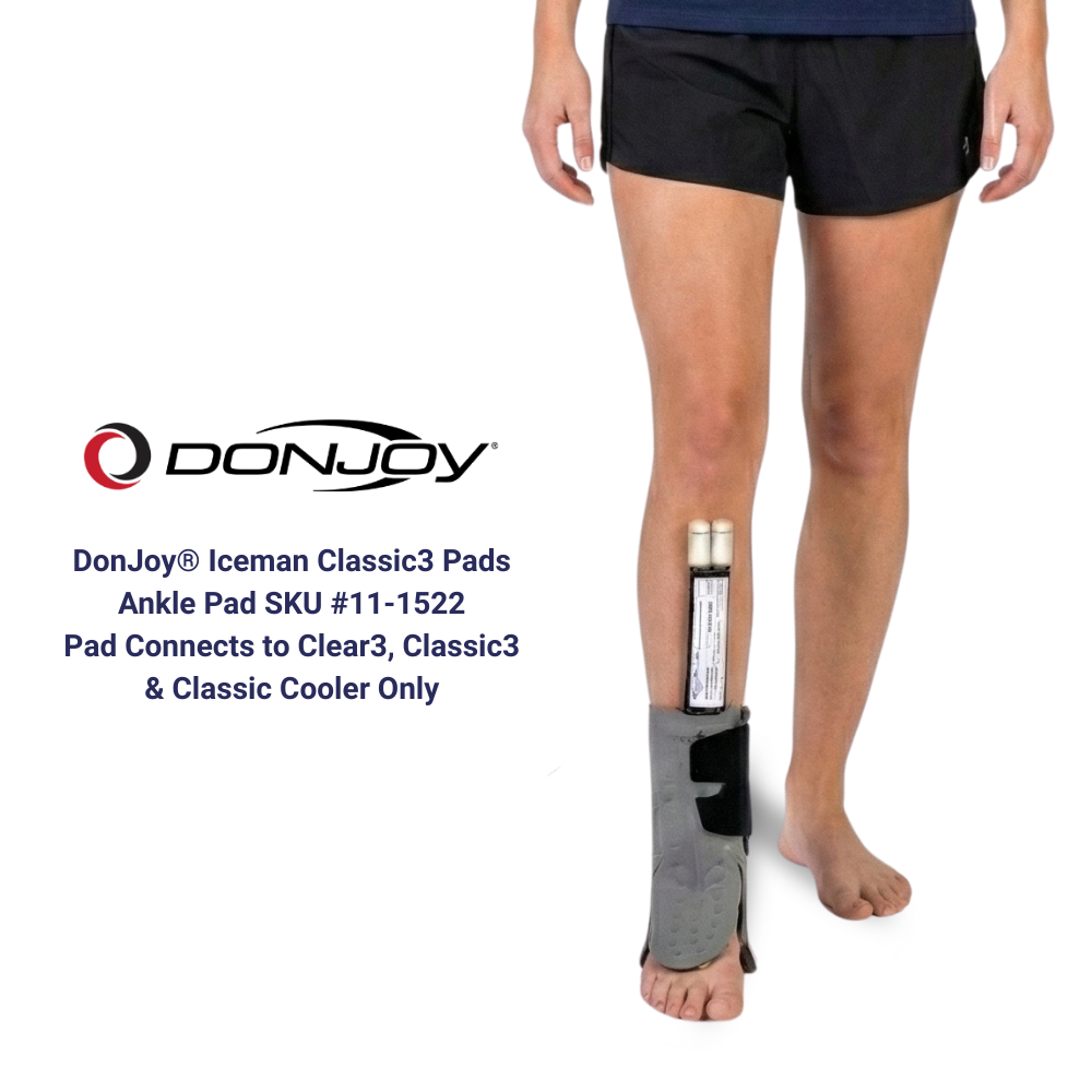 DonJoy Iceman Classic3 ankle pad on leg with product tubes, cold therapy device accessory.