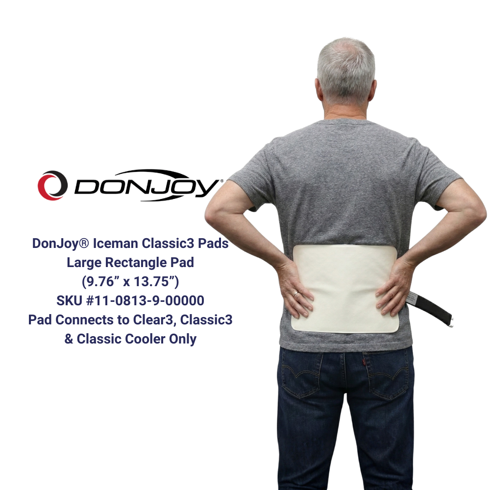 DonJoy Iceman Classic3 large rectangle cold therapy pad on man's lower back, Supply Cold Therapy.