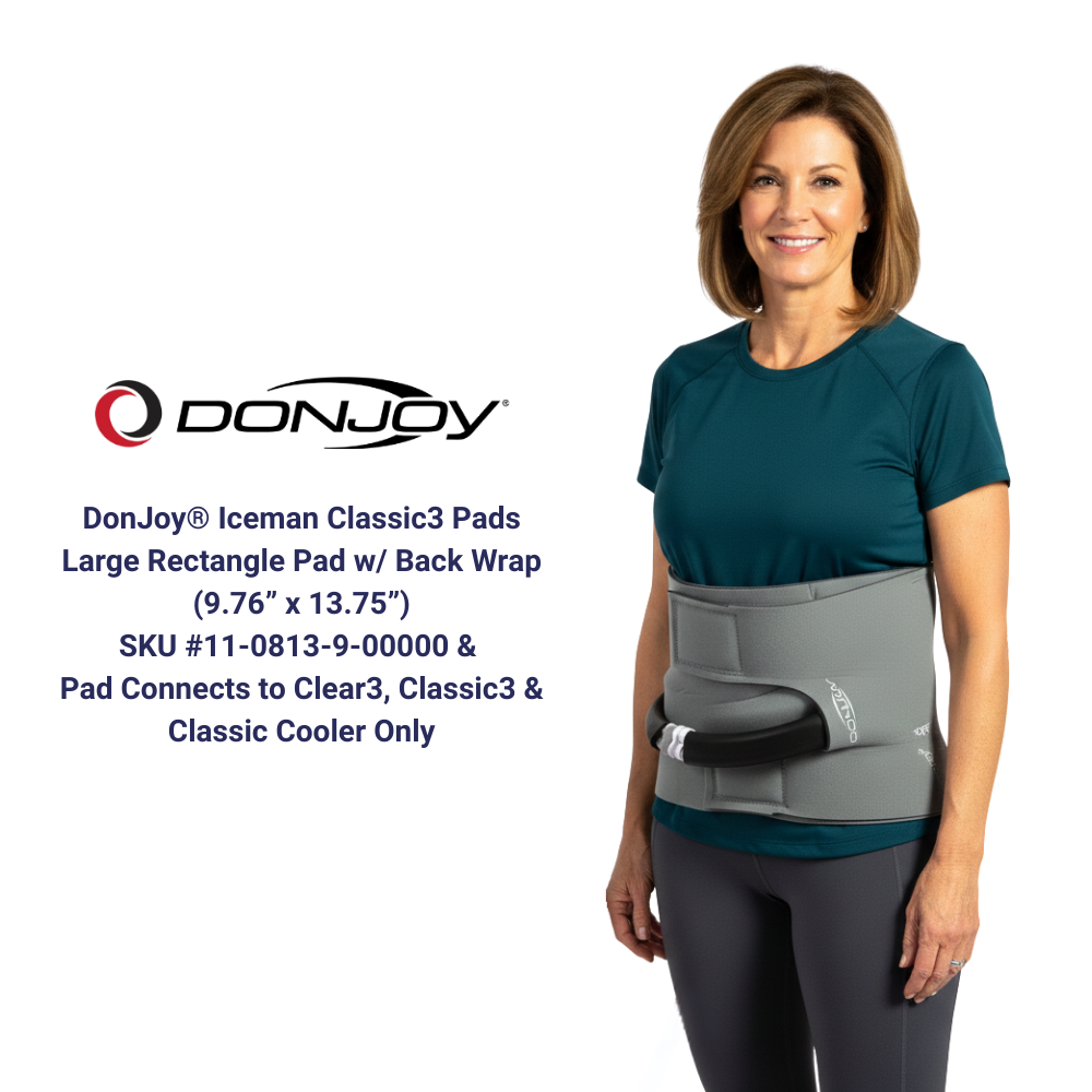 Woman wearing DonJoy Iceman Classic3 large rectangle cold therapy back wrap pad.