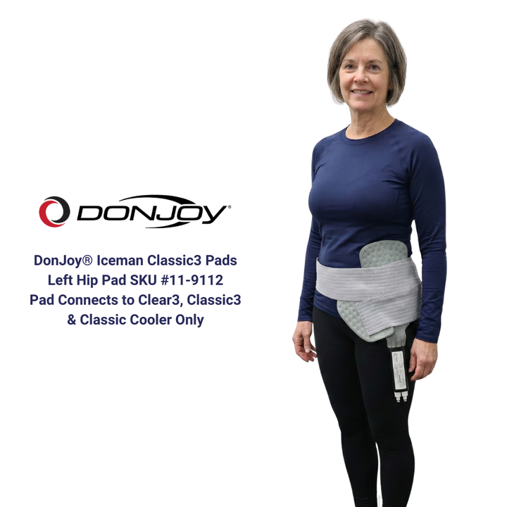 DonJoy Iceman Classic3 left hip cold therapy pad worn on woman, for cold therapy devices