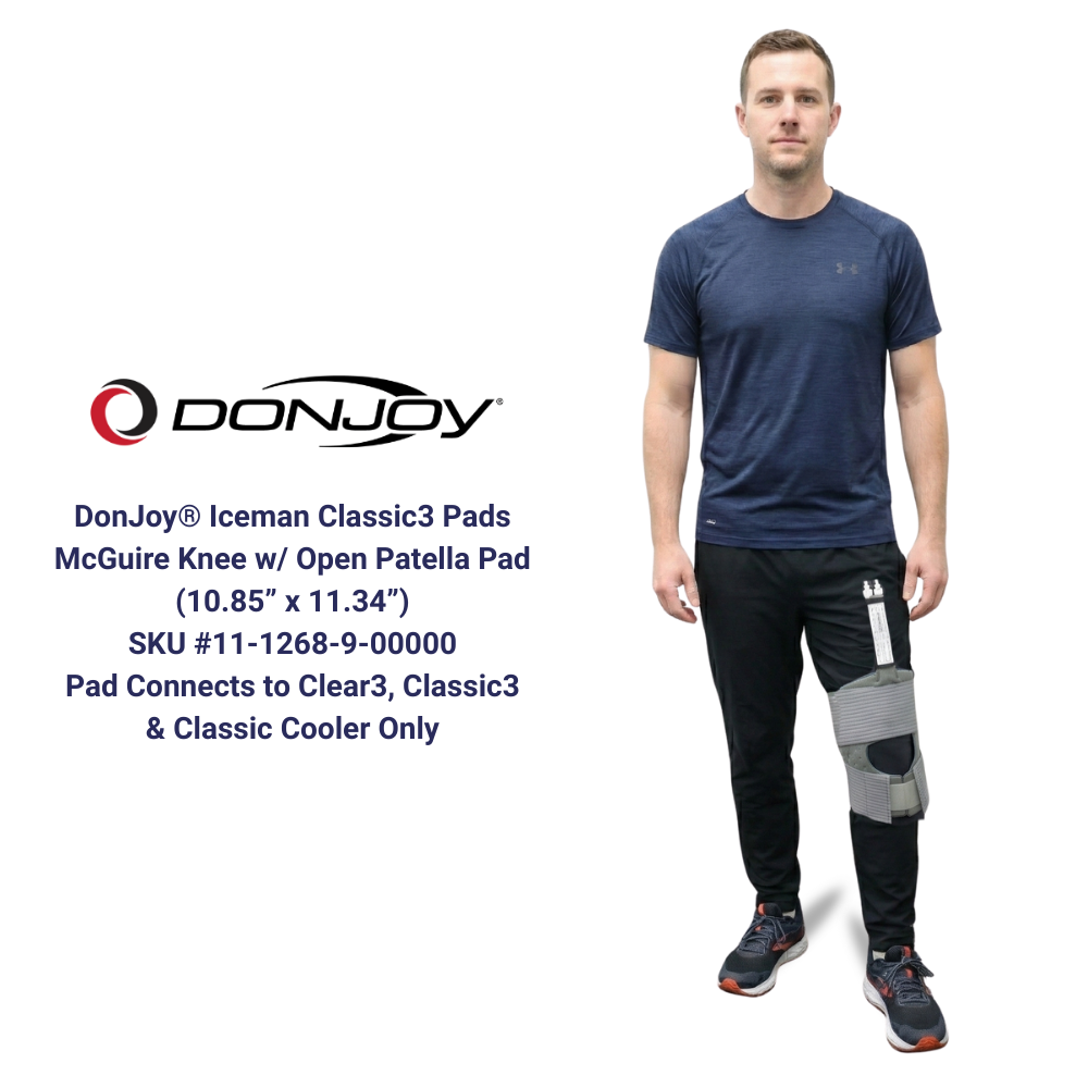 DonJoy Iceman Classic3 open patella knee pad shown on model, cold therapy device accessory