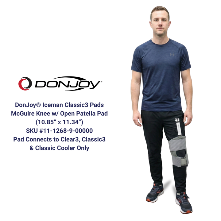 DonJoy Iceman Classic3 open patella knee pad shown on model, cold therapy device accessory