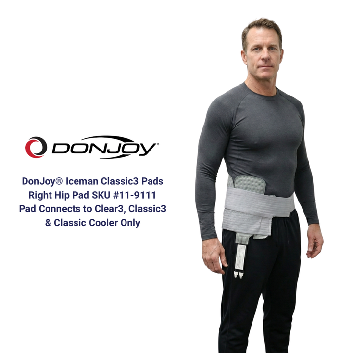 DonJoy Iceman Classic3 right hip pad on man, cold therapy pad for Clear3, Classic3, Classic Cooler