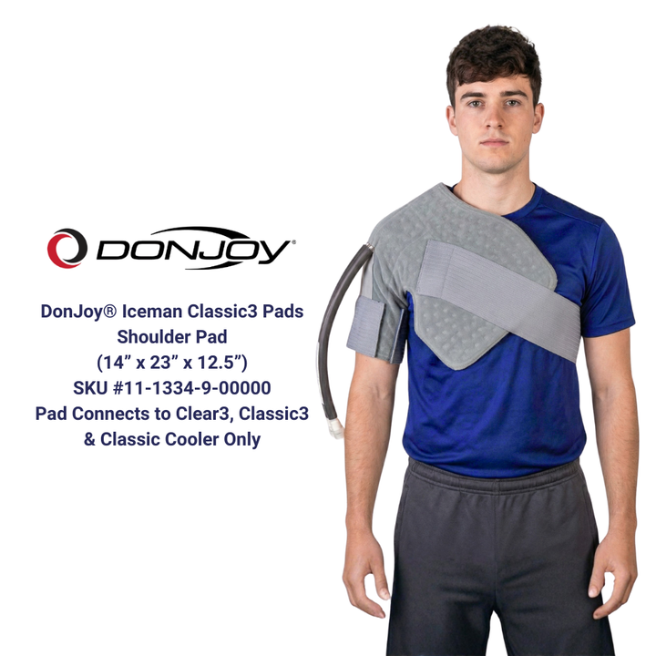 DonJoy Iceman Classic3 shoulder pad on model, cold therapy product with connector tube