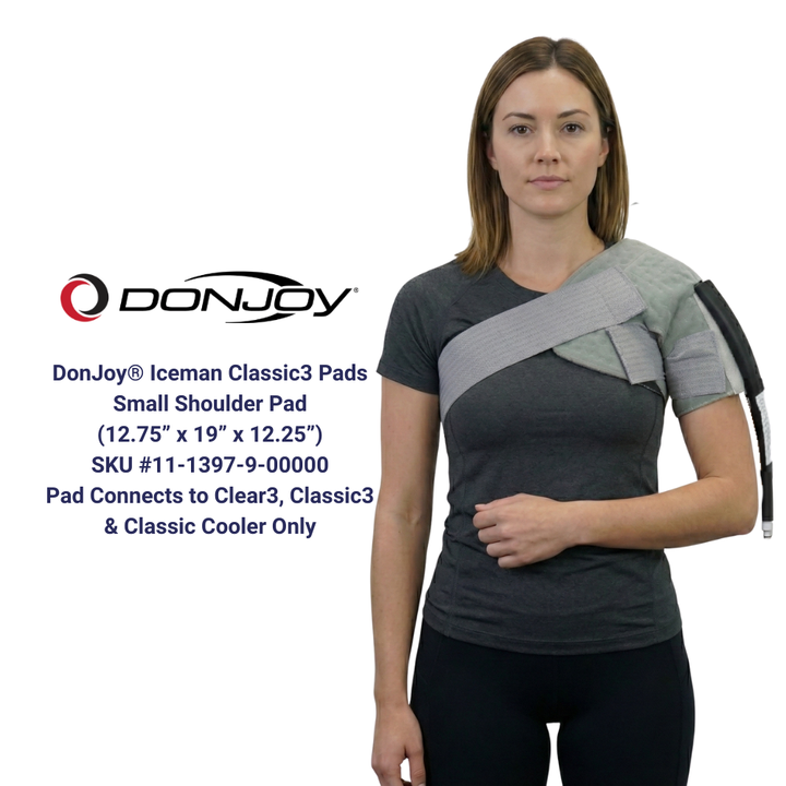DonJoy Iceman Classic3 small shoulder cold therapy pad worn on woman, Supply Cold Therapy