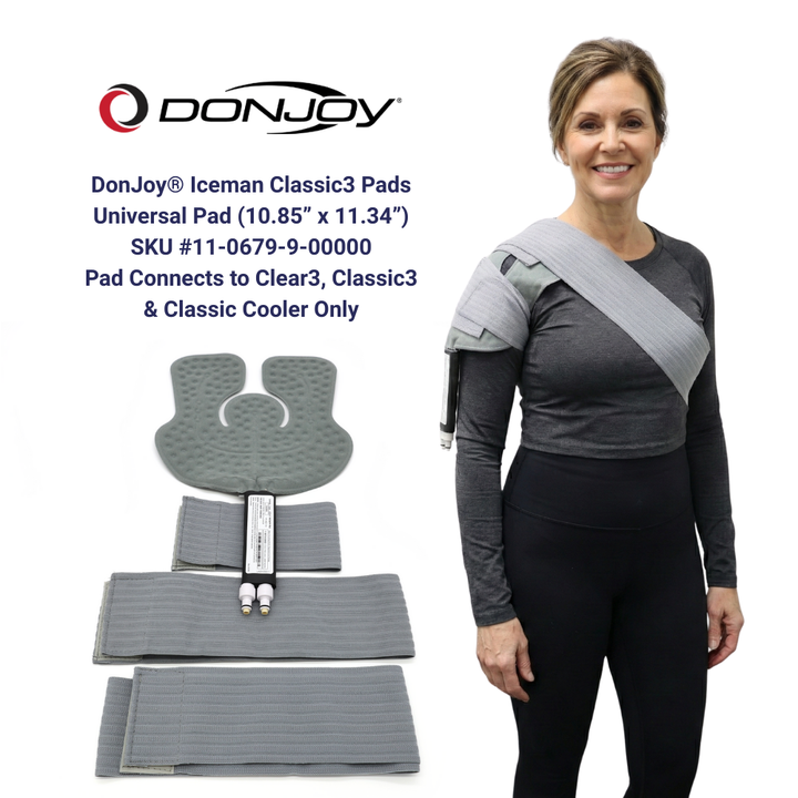 DonJoy Iceman Classic3 universal cold therapy pad on woman's shoulder with connector and straps