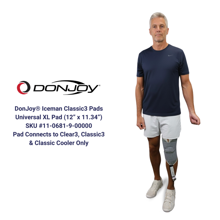 Man wearing DonJoy Iceman Classic3 Universal XL cold therapy pad on knee