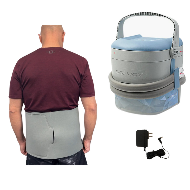 DonJoy Iceman Classic 3 cold therapy device with compressive spine wrap and power adapter