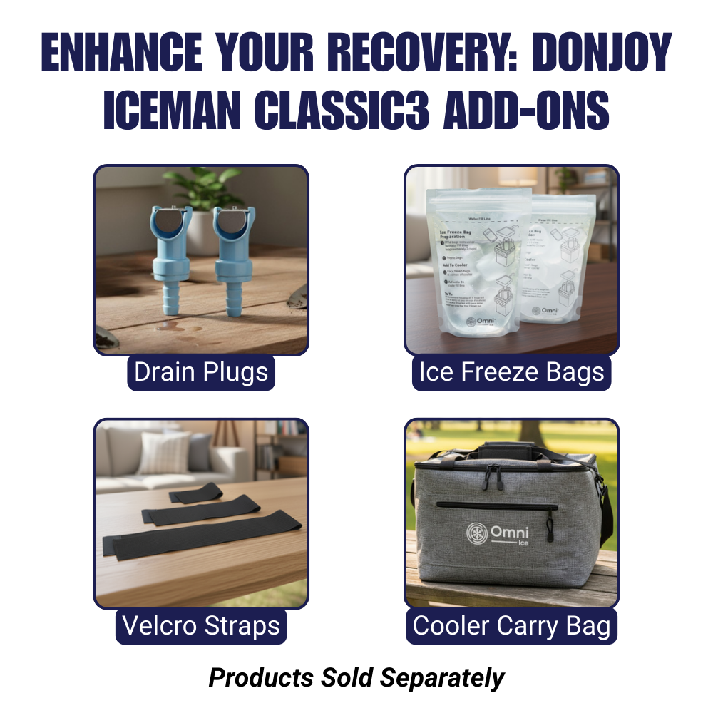 DonJoy Iceman Classic3 add-ons including drain plugs, ice freeze bags, Velcro straps, and a cooler carry bag for cold therapy devices.