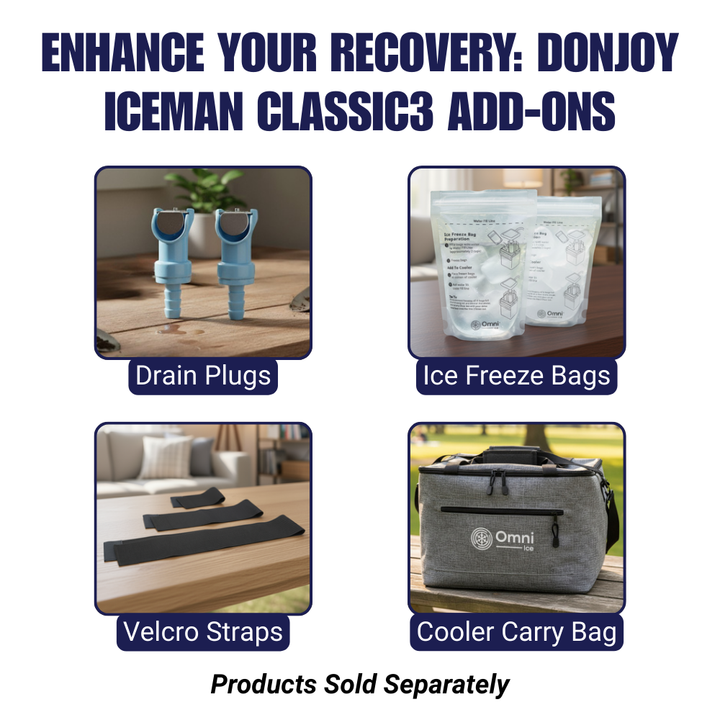 DonJoy Iceman Classic3 add-ons including drain plugs, ice freeze bags, Velcro straps, and a cooler carry bag for cold therapy devices.