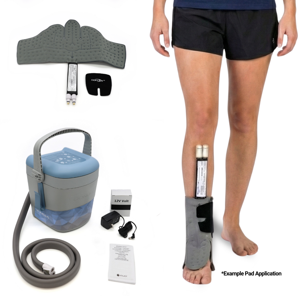 DonJoy Iceman Classic 3 cold therapy device with ankle pad and accessories, shown applied to lower leg for injury recovery, from Supply Cold Therapy.