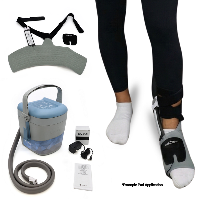 DonJoy Classic 3 forefoot cold therapy device with pad, accessories, and usage example on foot.