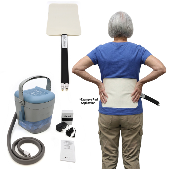DonJoy cold therapy device, cold pad, and accessories with example back pad application