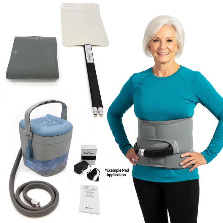 DonJoy Classic3 cold therapy back wrap kit with replacement pad, power adapter, and wearing example