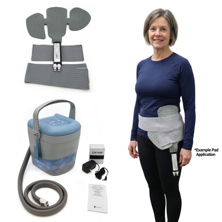 DonJoy cold therapy device and left hip pad shown with a woman demonstrating pad application, available at Supply Cold Therapy.