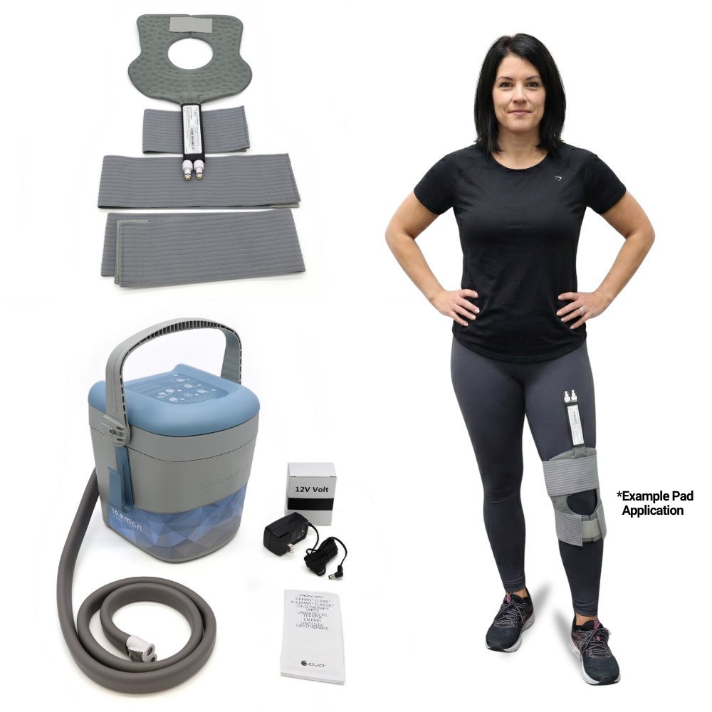 DonJoy Classic3 cold therapy device kit with knee pad, accessories, and example knee application.