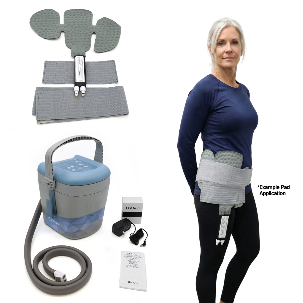 DonJoy cold therapy device with wrap pad and accessories for right hip pain relief, shown on woman.
