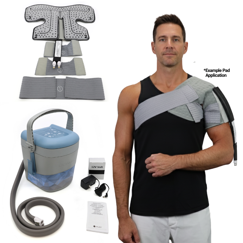 DonJoy Classic 3 cold therapy shoulder device kit with pad, wrap, cooler, and accessories shown on man