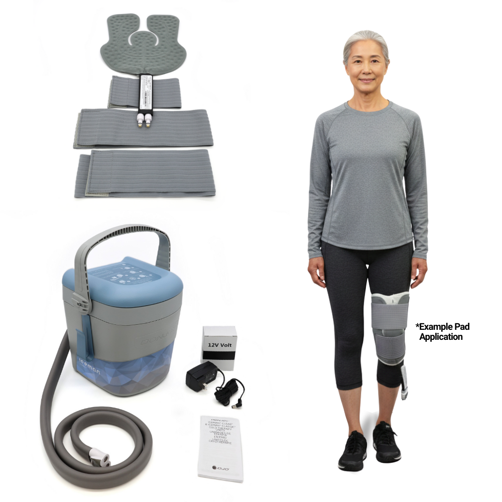 DonJoy cold therapy device kit with universal pad and example knee application from Supply Cold Therapy