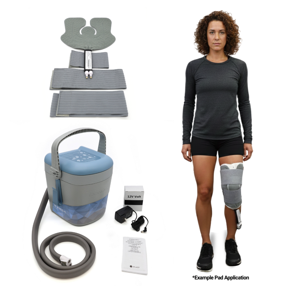 DonJoy Classic3 cold therapy device kit with pad, power supply, and example knee application