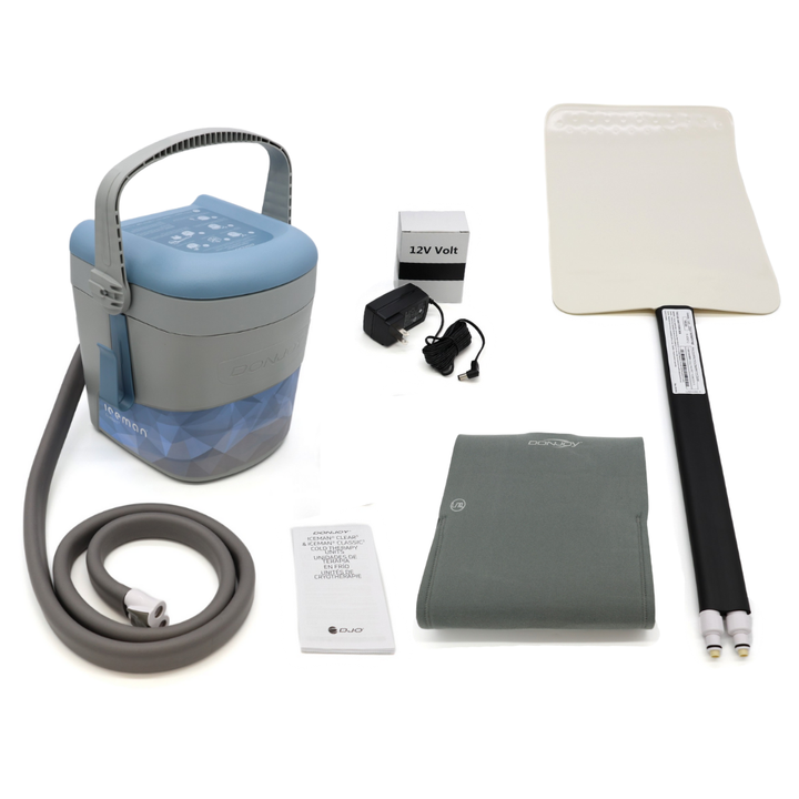 DonJoy Classic3 cold therapy device with large rectangle pad, back wrap, and 12V power adapter