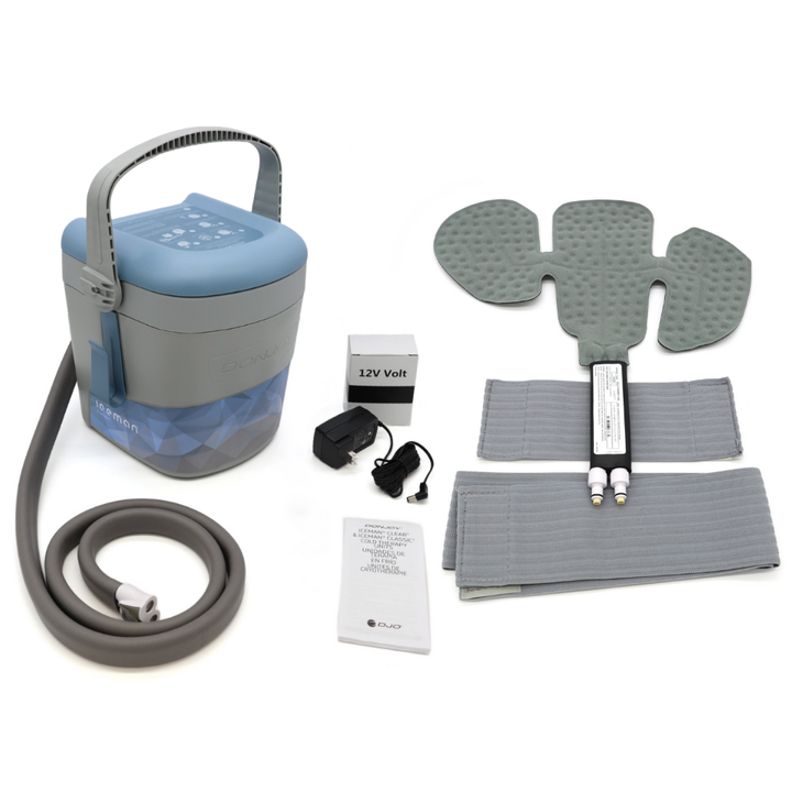 DonJoy Classic3 right hip cold therapy machine with pad, power adapter, hose, and accessories.